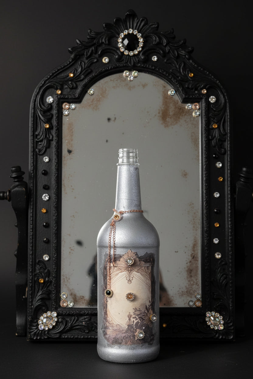 Ornate arched silver mirror with black carved frame and rhinestone-like accents