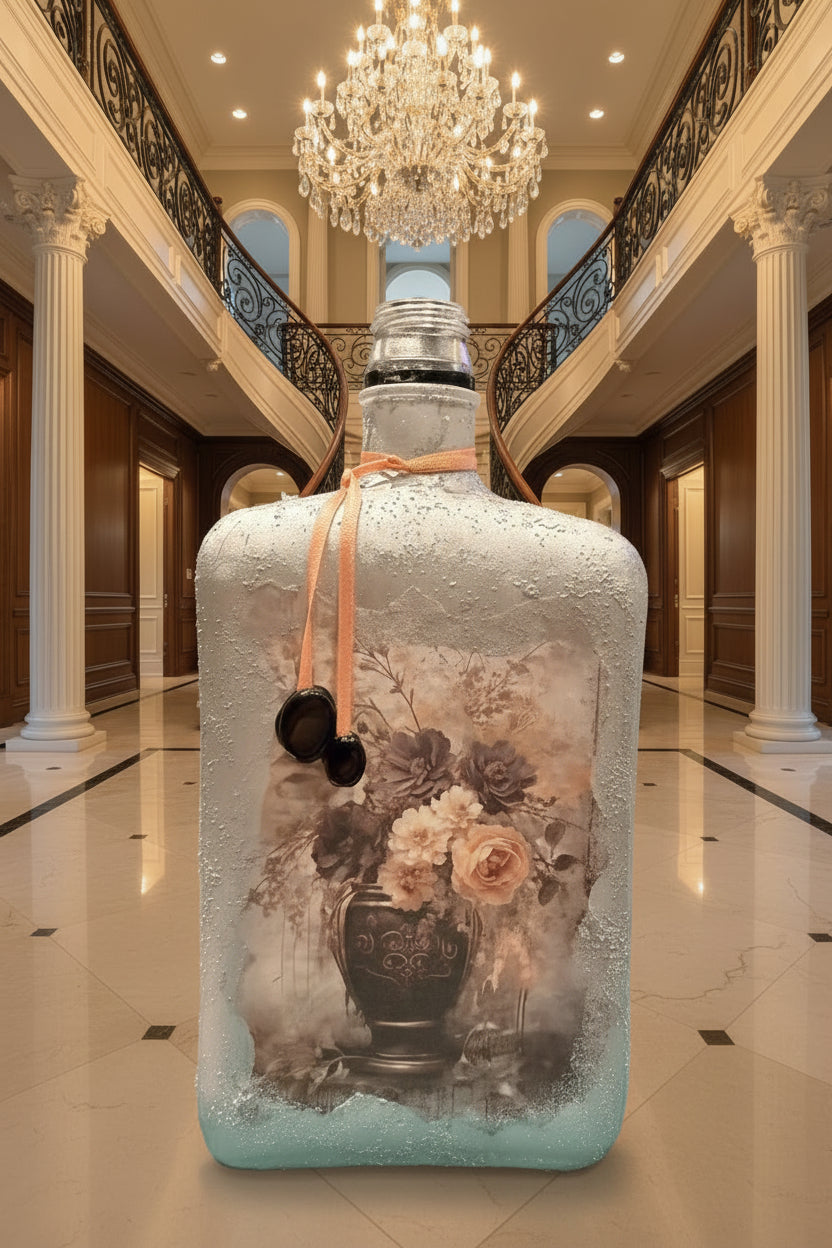 Silver-toned glass vase with floral print and orange ribbon around neck