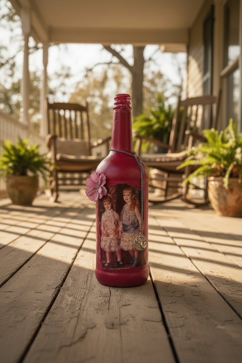 Decorative red bottle with printed girls and a flower on front