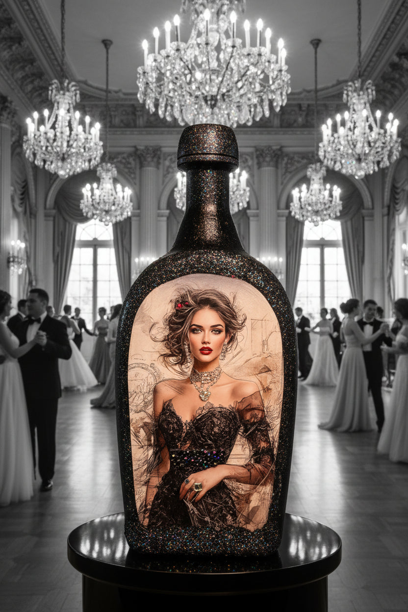 Decorative black bottle with ornate woman's portrait and jeweled sparkle design