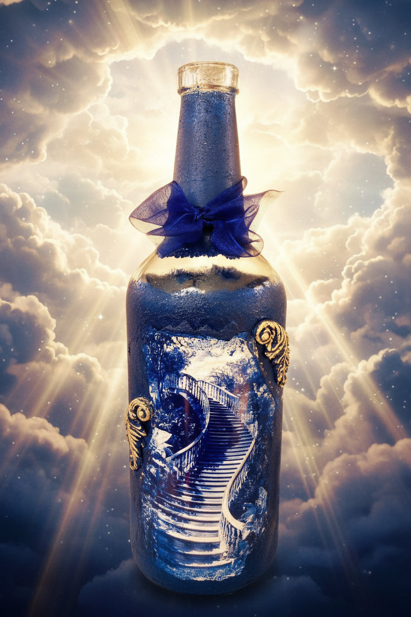 Blue decorative bottle with gold cap and bow, metallic label detail