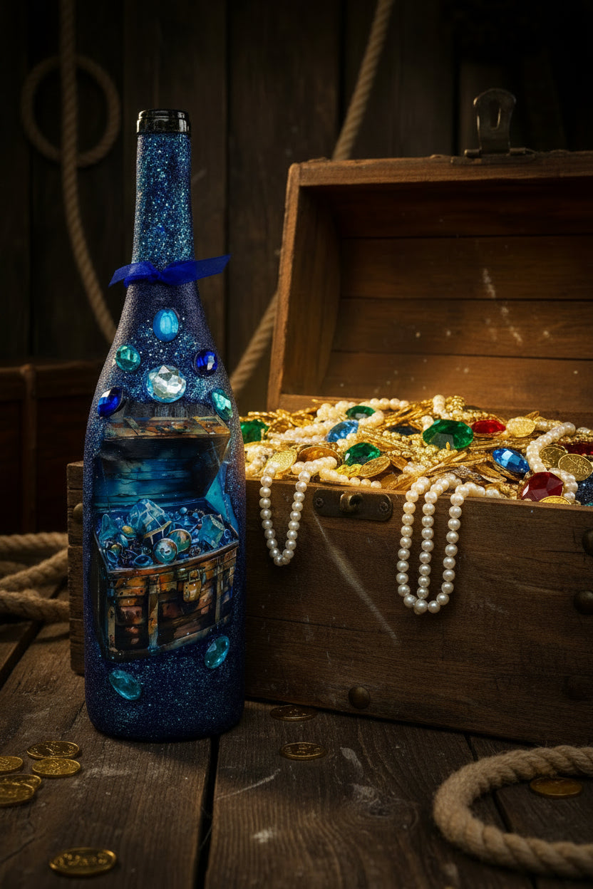 Decorative blue glitter bottle with jewel and gemstone embellishments