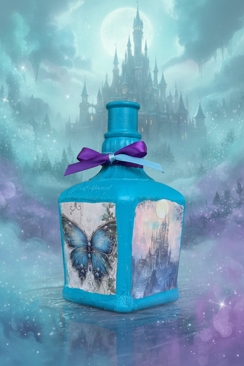 Turquoise decorative bottle with blue cap and purple ribbon, butterfly and landscape panels