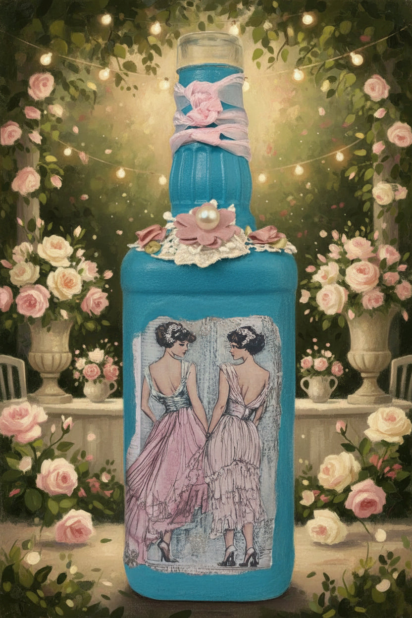 Decorative vintage blue bottle with two-women illustration, lace collar, and pearl charm
