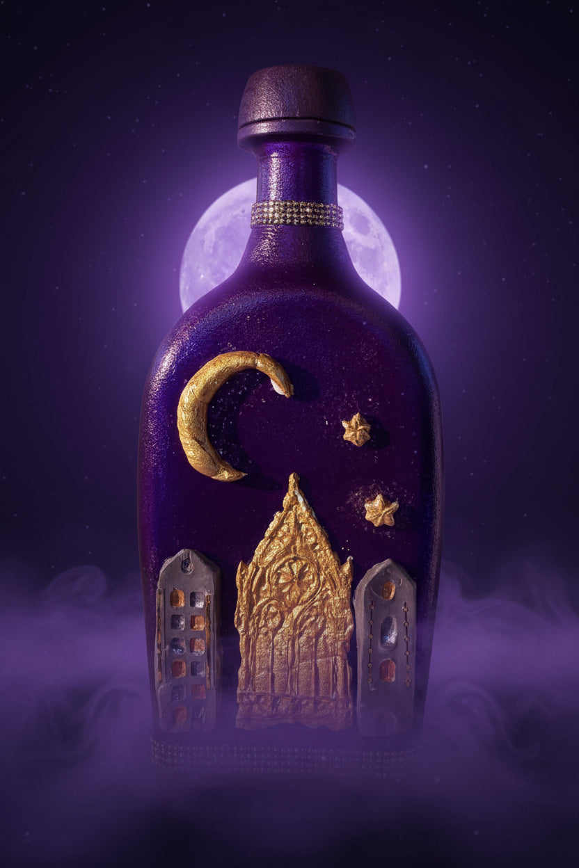 Decorative purple bottle with gold crescent and chapel motif, small star accents