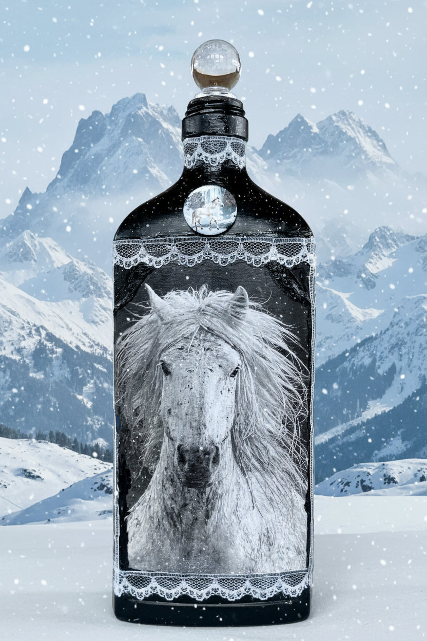Decorative black bottle with white horse face and lace trim