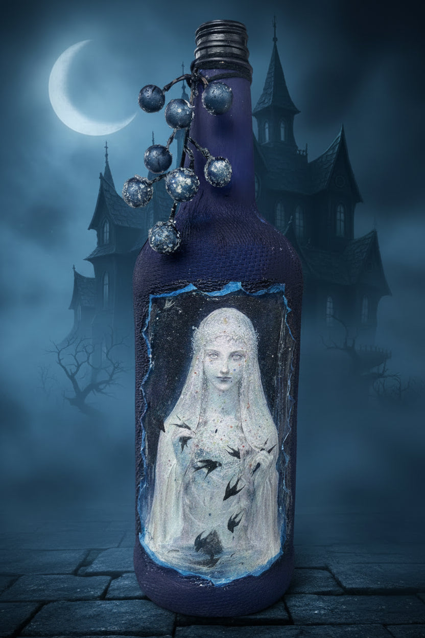 Ornate blue bottle with veiled woman portrait on front, decorative chains and ornaments