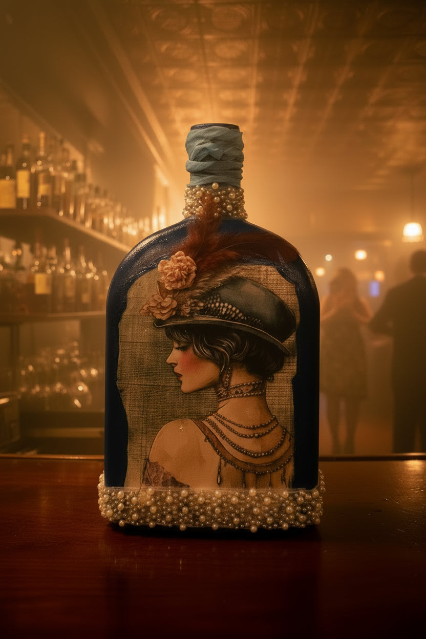 Vintage blue lady decorative bottle with feathered headpiece and beaded trim