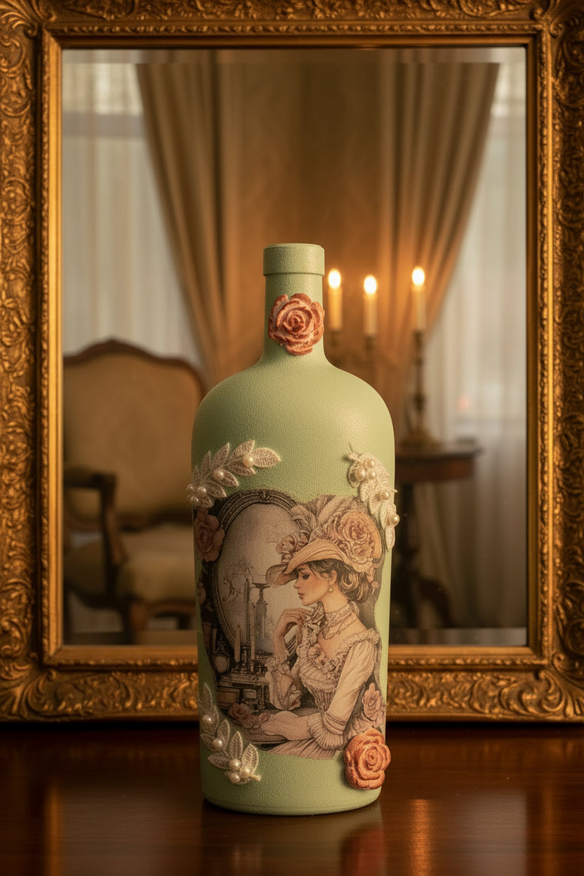Pastel green decorative bottle with vintage lady and rose floral artwork handcrafted bottle art by Friday Fantasies