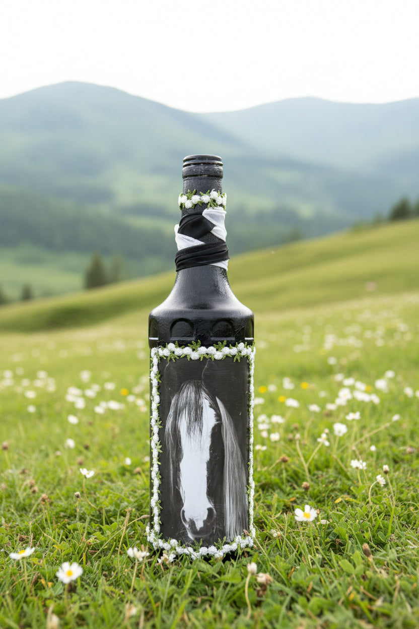 Decorative horse-themed bottle with black wrap and white blaze graphic front