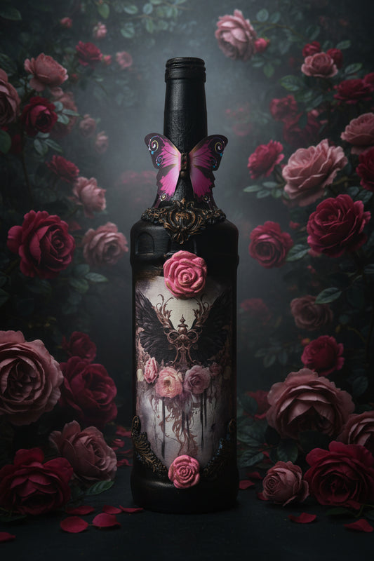 Decorative black glass bottle with pink roses and a purple moth print