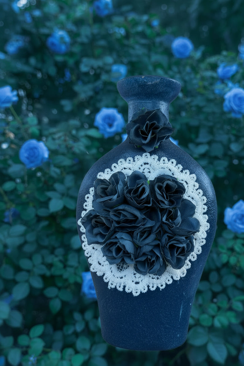 Dark blue decorative flower pouch with white lace trim and layered roses
