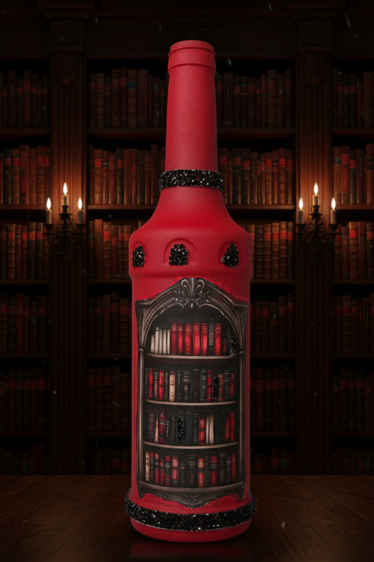 Red decorative bookcase figurine with arched shelf and small book details