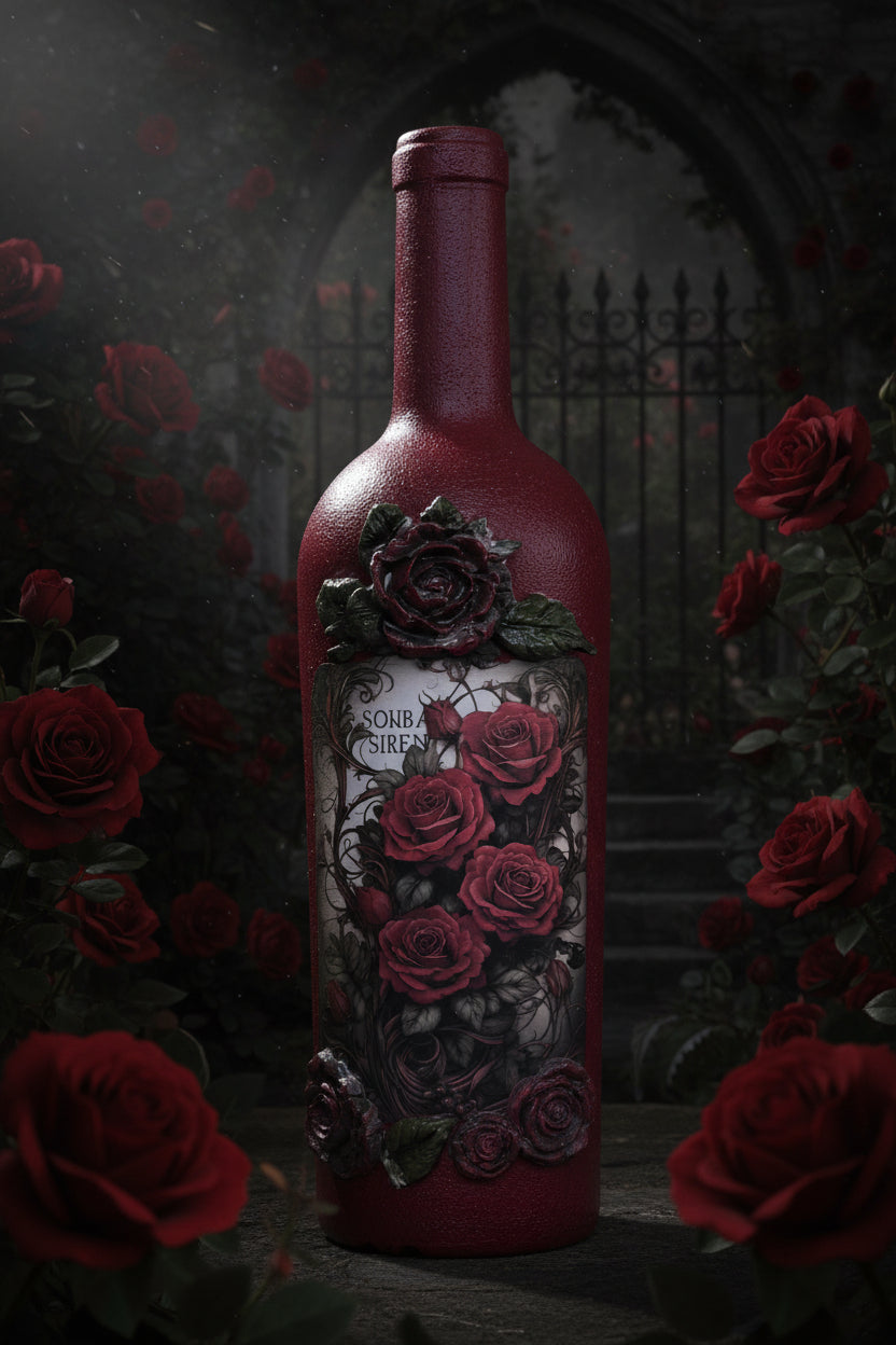 Burgundy decorative bottle with raised rose and floral print label