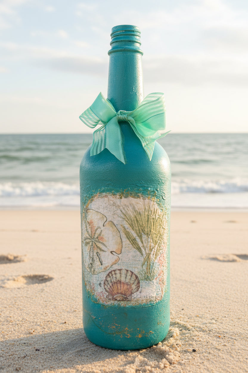 Decorative turquoise glass bottle with seashell print and tied ribbon bow
