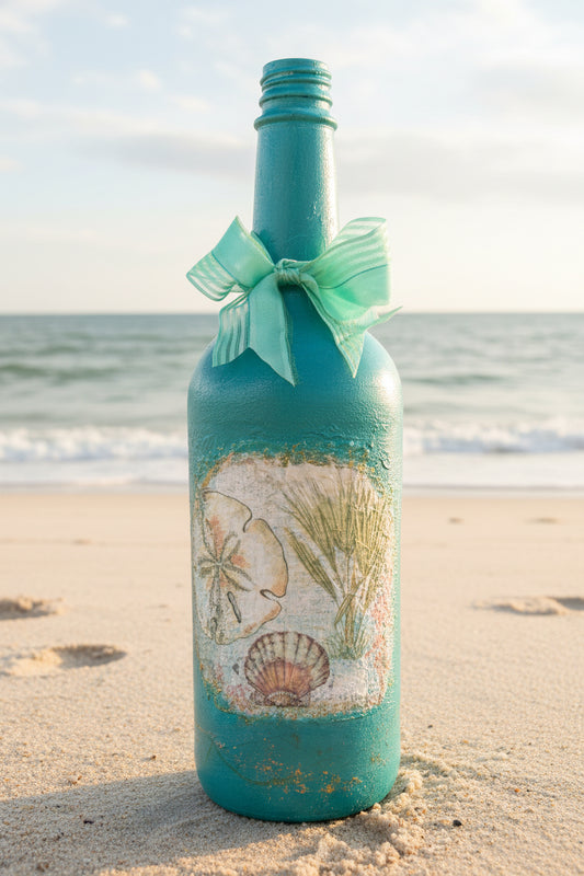 Decorative turquoise glass bottle with seashell print and tied ribbon bow