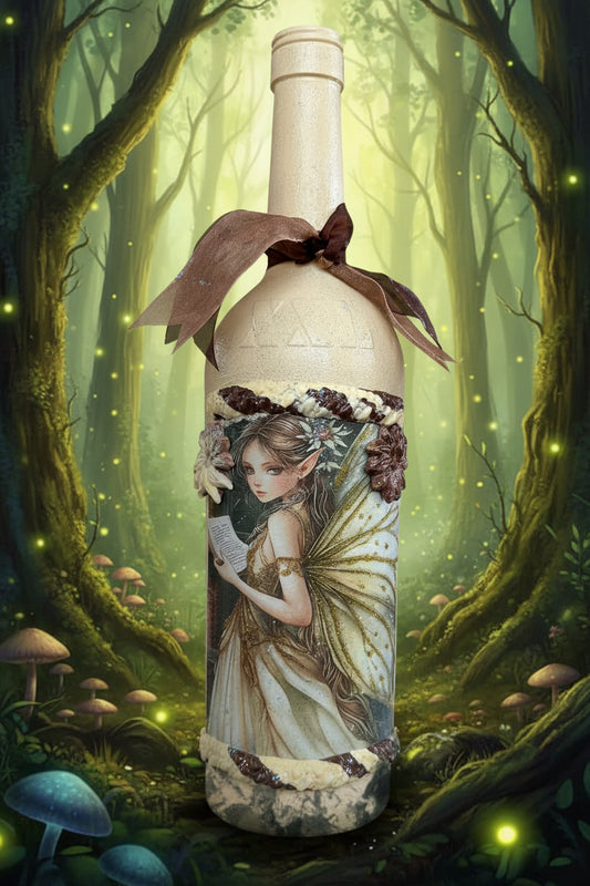 Fairy-themed decorative bottle with ribbon bow and lace trim around the neck
