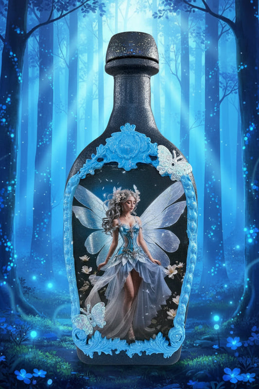 Blue glitter fairy decorative bottle with ornate silver wings and angel figure