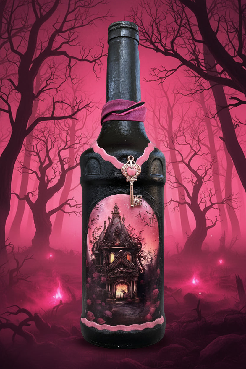 Black and pink haunted house bottle sleeve with hanging key charm