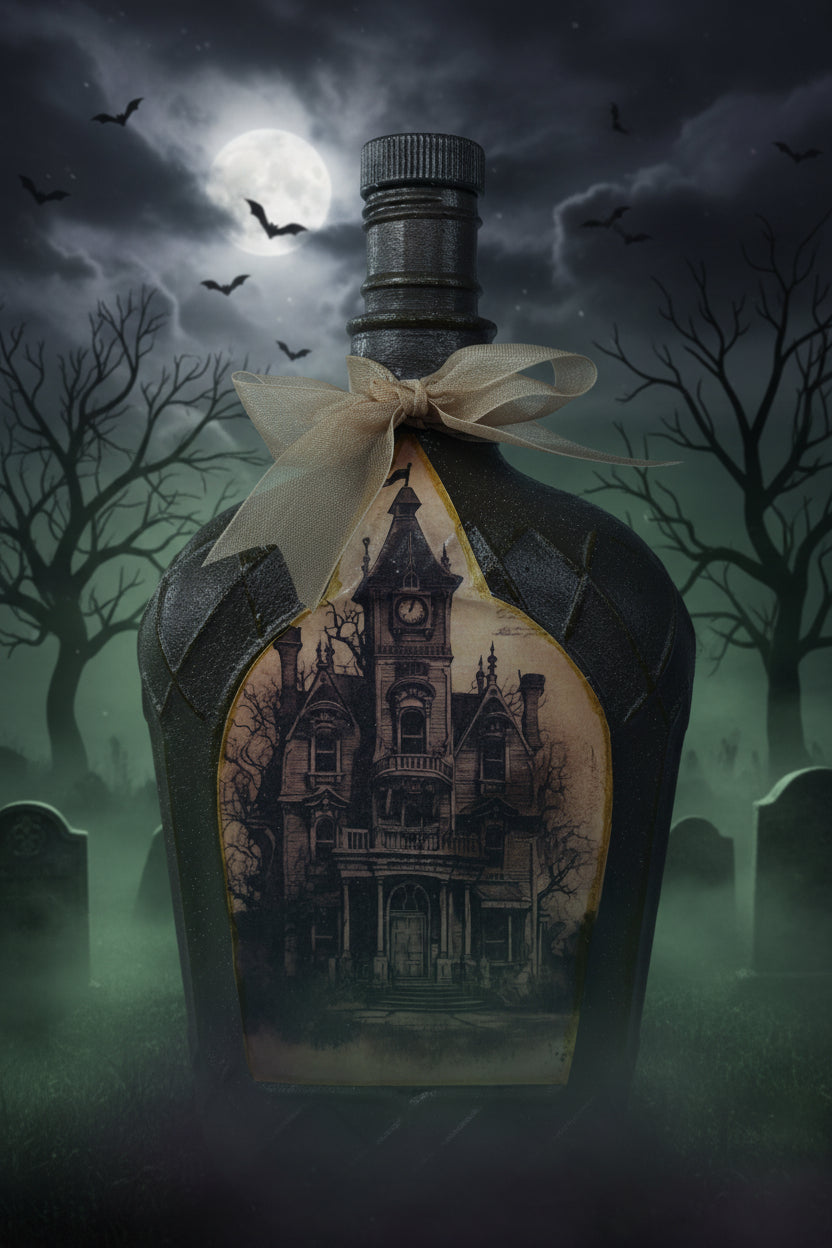 Decorative haunted house bottle with bow and mansion graphic label