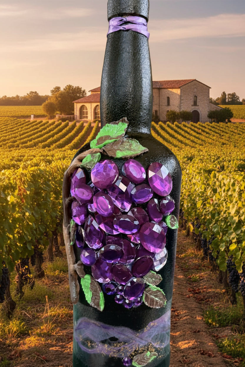 Jeweled grapes decorative bottle with purple gem grapes and green leaves