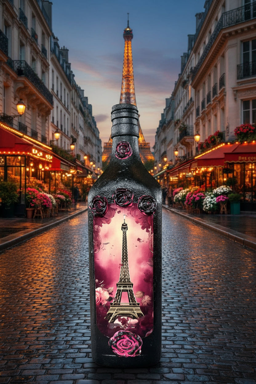 A black glass bottle decorated with a pink and purple Eiffel Tower design, featuring 3D pink roses around the neck and base, set against a blurred brick background.