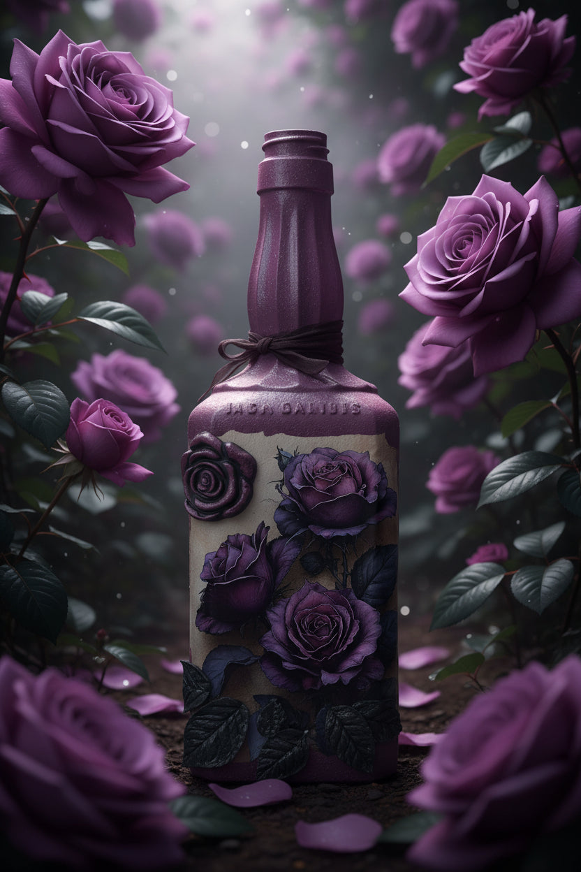 Decorative glass bottle with purple roses and black leaves label and cap