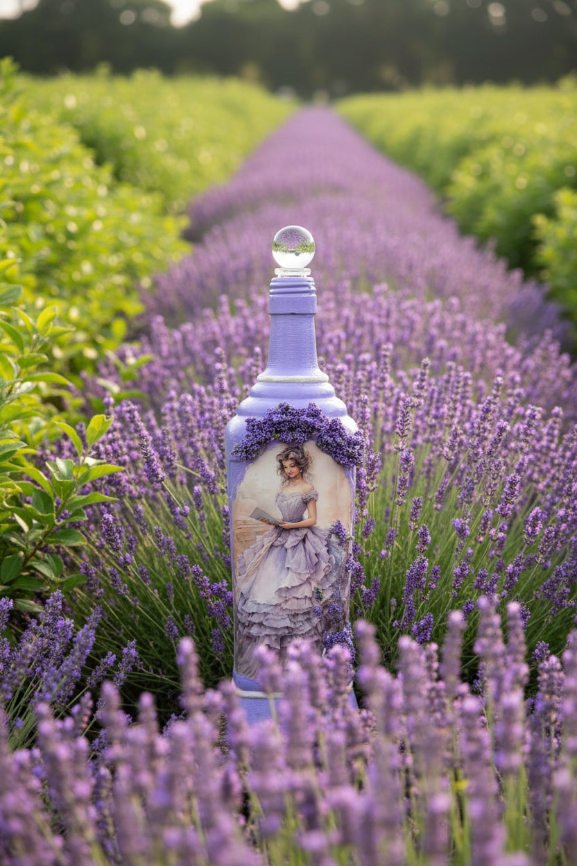 Vintage purple glass bottle with woman portrait label