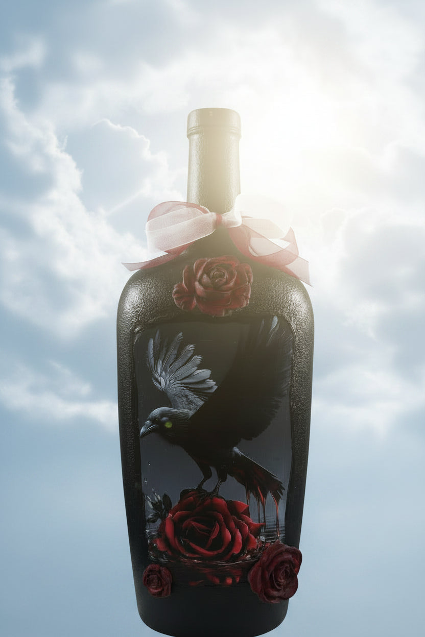 Dark glass decorative bottle with red roses, bird, and pink ribbon bow