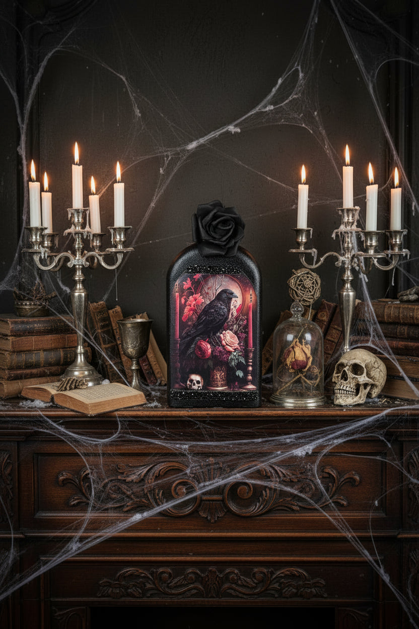 Arched gothic plaque with black raven illustration and red rose accents