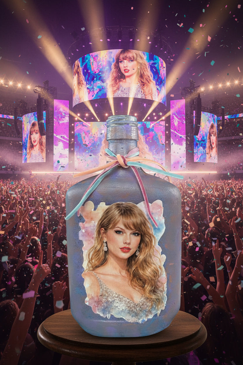 Small Taylor Swift-themed water bottle with illustrated portrait and blue confetti design
