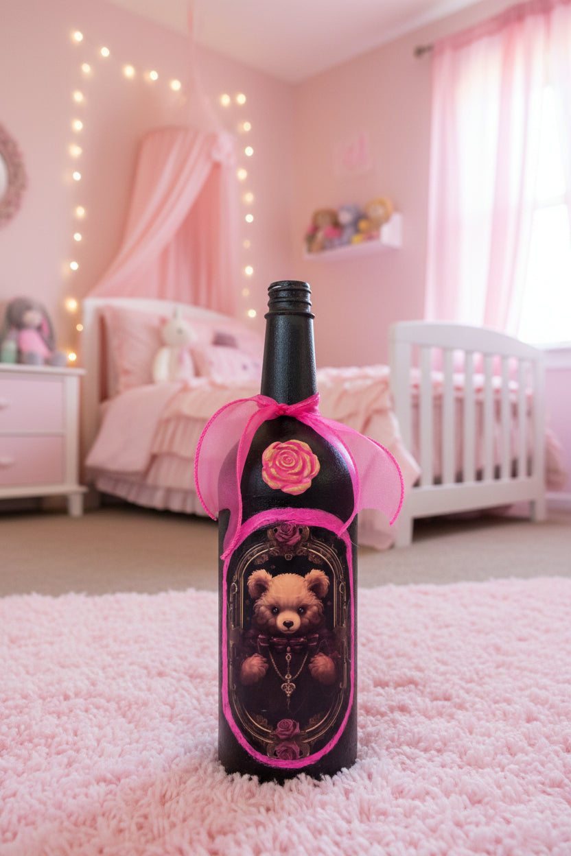 Decorative bottle with teddy bear graphic and pink ribbon