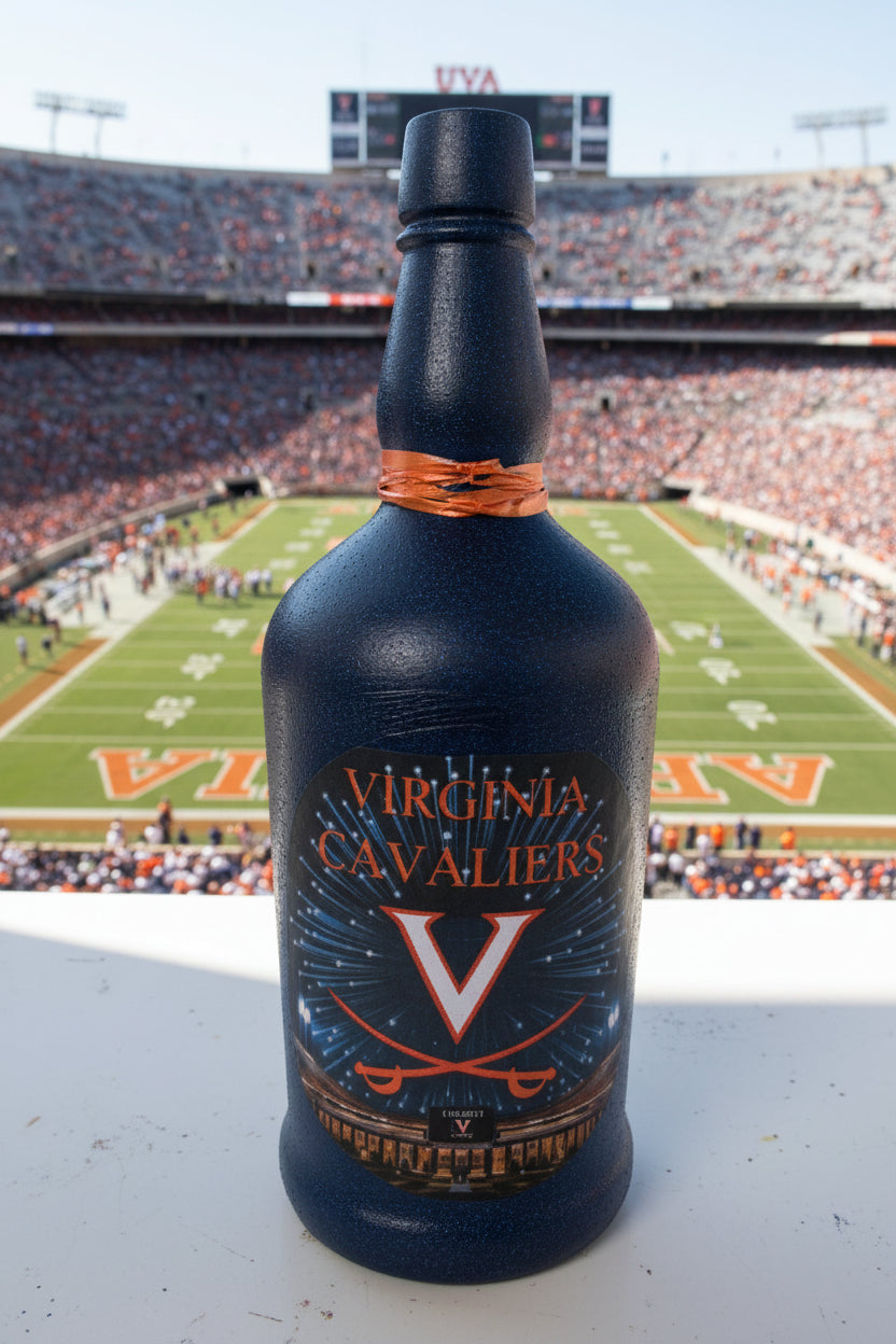Dark navy sports bottle with UVA Virginia Cavaliers emblem and orange band