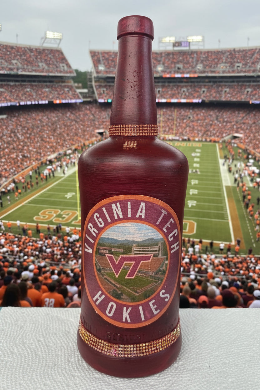 Maroon VA Tech Hokies bottle with VT logo and patterned trim