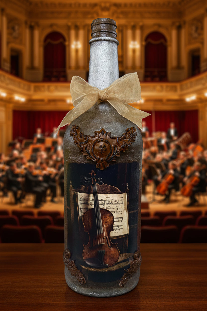 Decorative bottle with dark label, violin artwork, and beige bow on the neck
