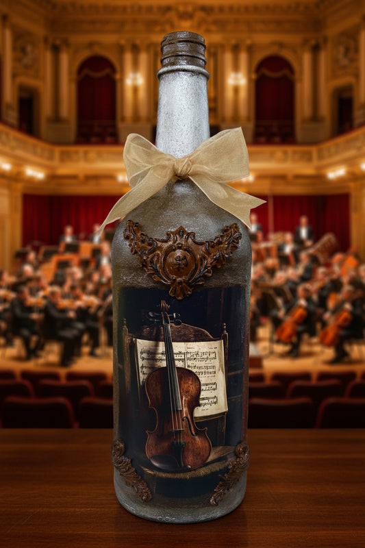 Decorative bottle with dark label, violin artwork, and beige bow on the neck