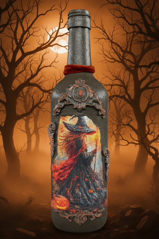 Decorative gray bottle with raven illustration and ornate metal detailing