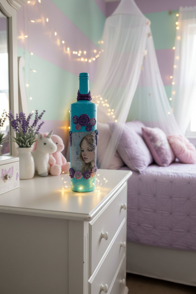 Decorative pastel blue glass bottle with purple floral accents and portrait label