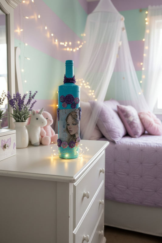 Decorative pastel blue glass bottle with purple floral accents and portrait label