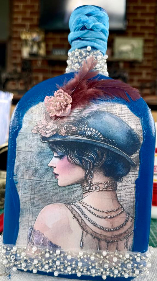 Vintage Blue Lady with Feathers