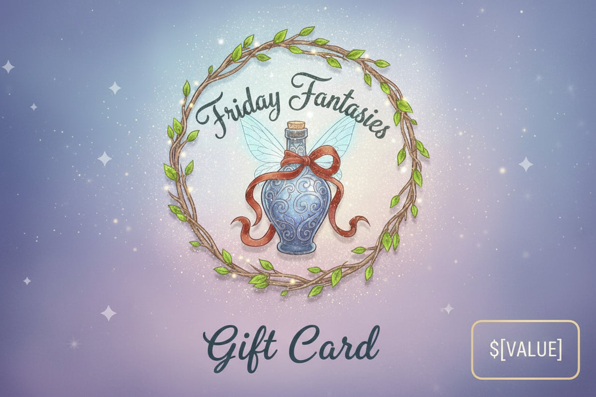 Friday Fantasies gift card with teapot logo, wreath, and $[VALUE] value box