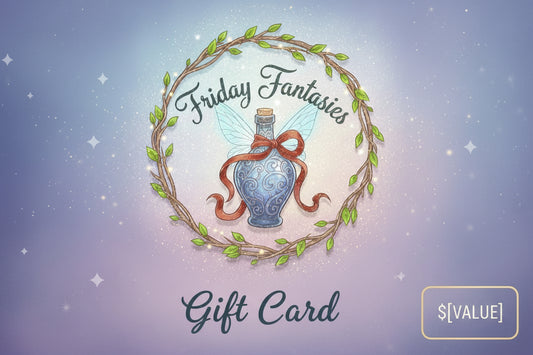 Friday Fantasies gift card with teapot logo, wreath, and $[VALUE] value box